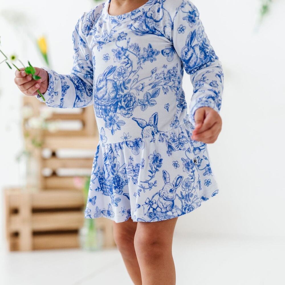 Bums & Roses Bunny Bamboo Ruffle Dress 3T Hoppy You’re Here Blue Toile - Picture 8 of 8